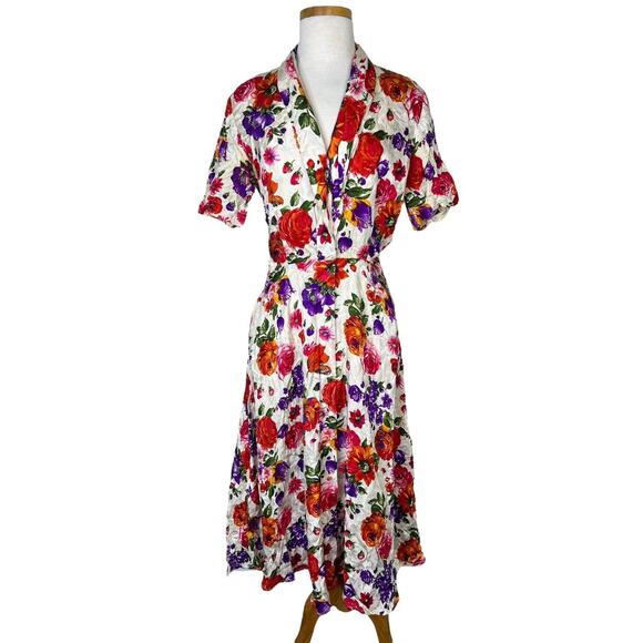 Vintage 80s Silk Floral Faux Wrap Midi Shirt Dress Oleg Cassini Womens Size 6 - Picture 1 of 7
